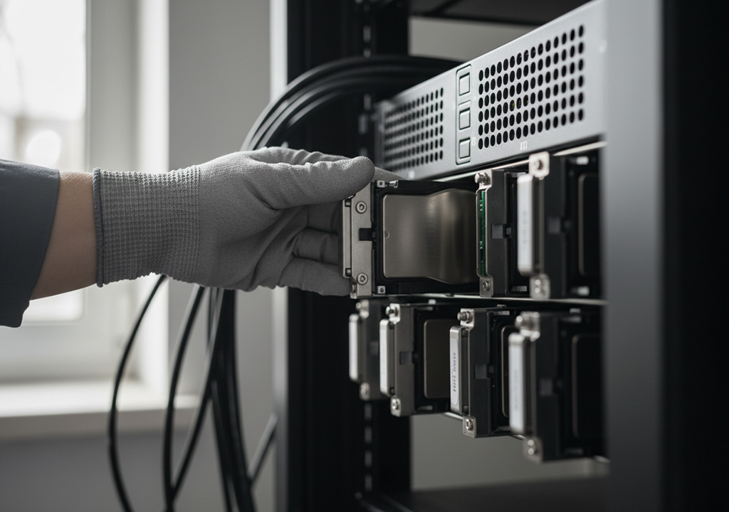 Technician extracting backup drive from server rack for offsite data protection