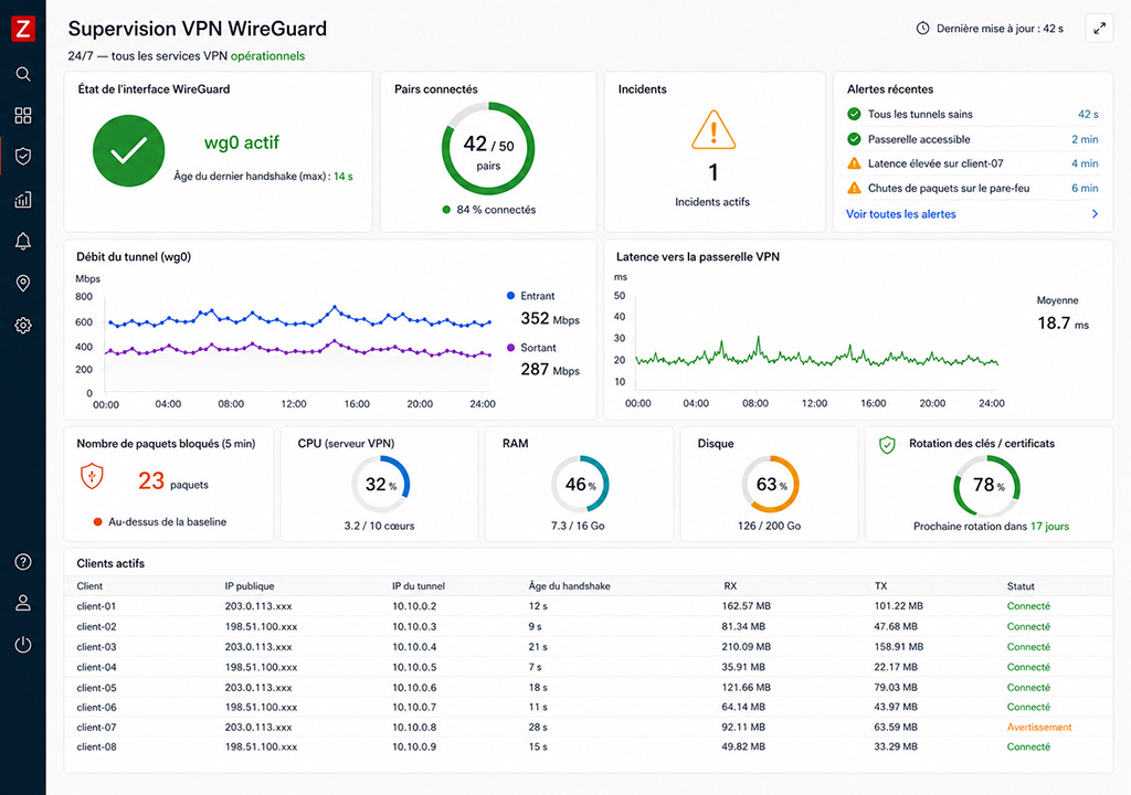 Tableau de bord de supervision Zabbix — surveillance 24/7 de l'infrastructure VPN WireGuard avec métriques en temps réel