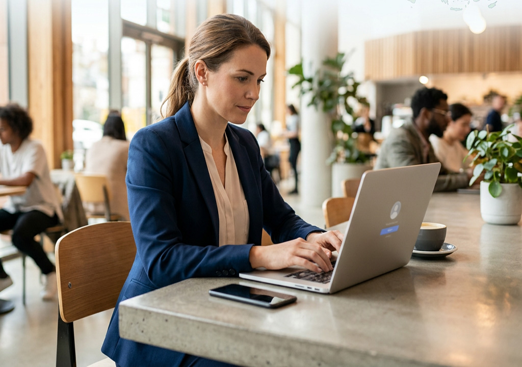 Professionnelle connectée à distance via un VPN WireGuard sécurisé depuis un espace de coworking
