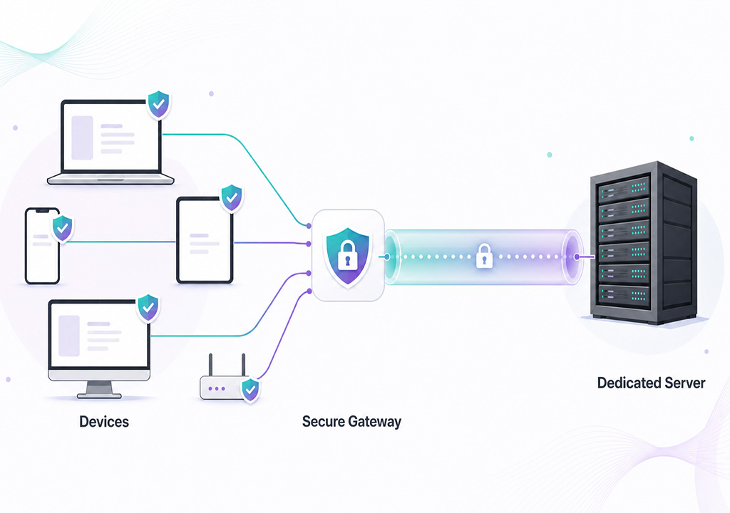 WireGuard VPN multi-device connection — laptop, smartphone and tablet secured through an encrypted tunnel