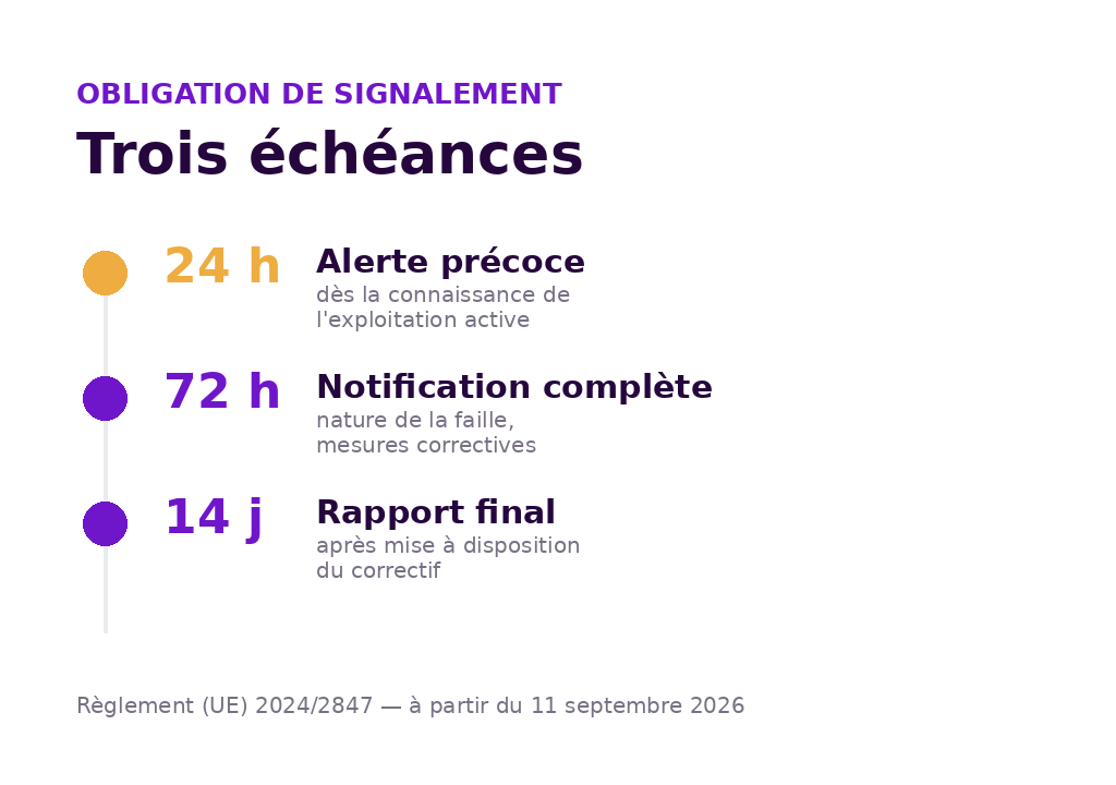 Chronologie des trois échéances de signalement du Cyber Resilience Act : alerte précoce sous 24 heures, notification complète sous 72 heures, rapport final sous 14 jours.