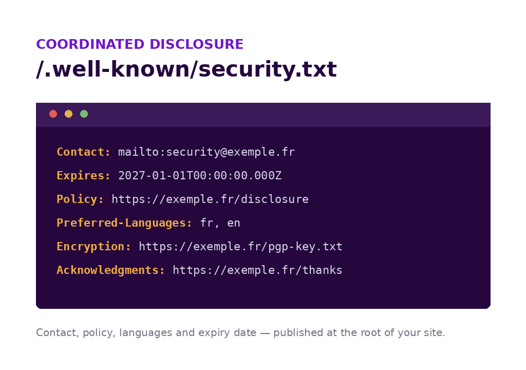 Example of a security.txt file published at a site root, showing the security contact address, expiry date and link to the disclosure policy.